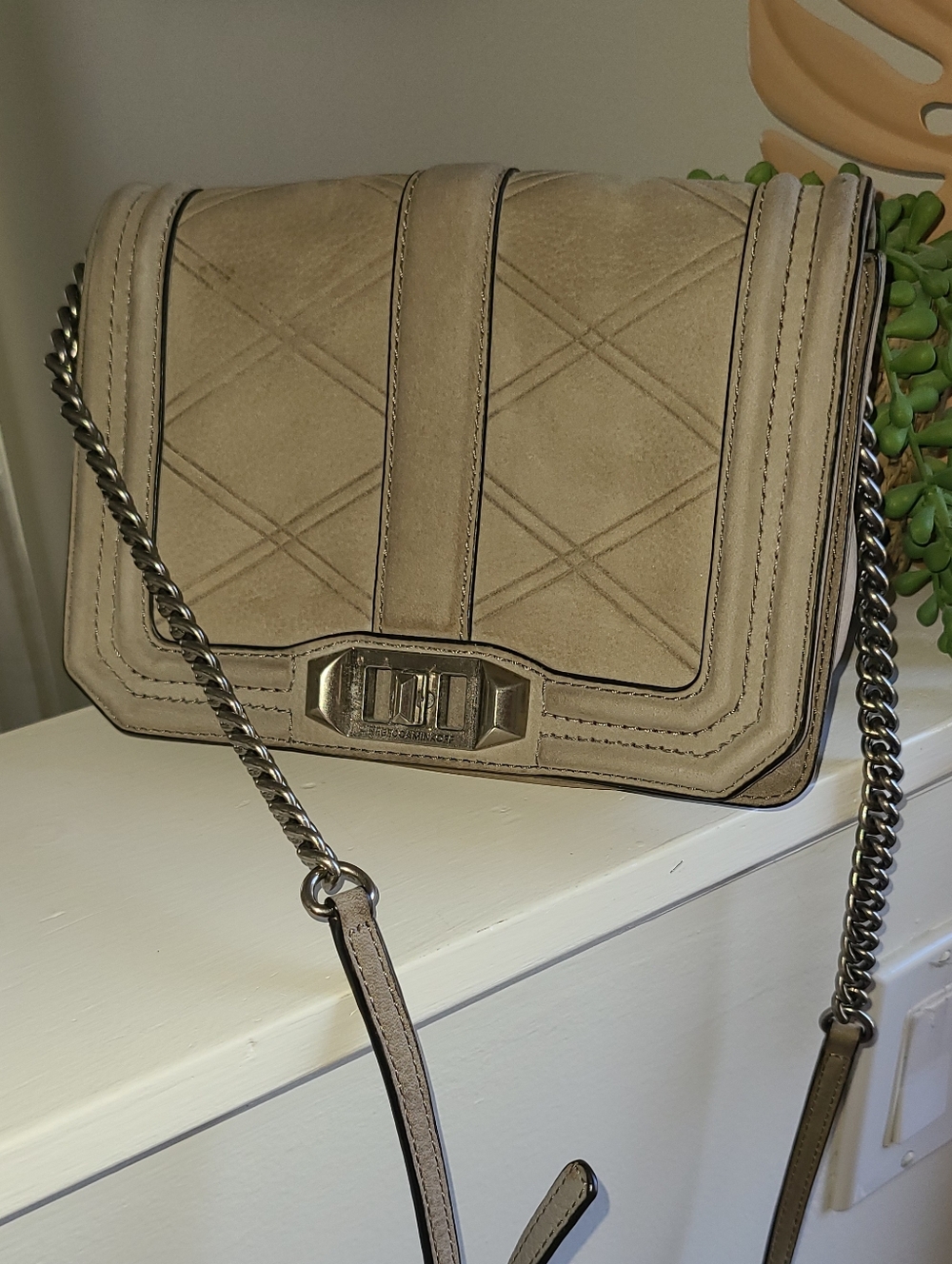 Rebecca Minkoff Taupe Quilted Leather/Suede Crossbody with Chain Strap